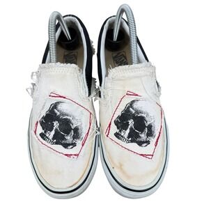 Vans Slip-On Deconstructed Skull Patch Frayed Canvas Sneakers Mens 7.5 Punk